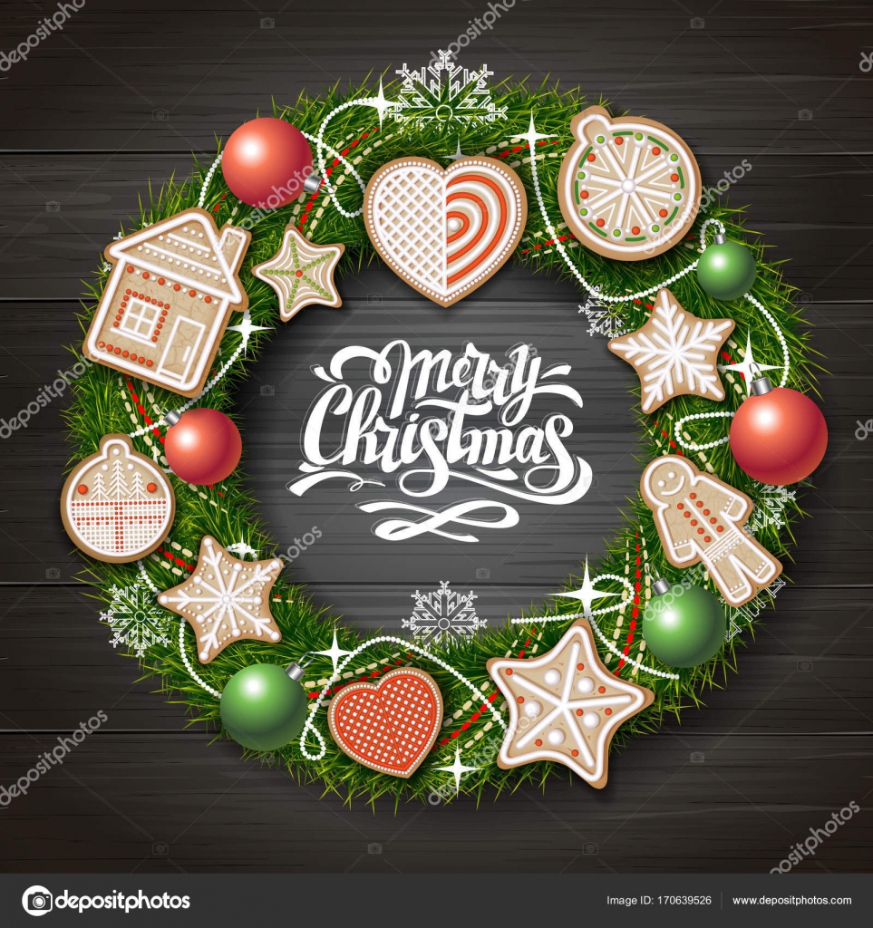 Top view of Merry Christmas concept design Christmas wreath with cookies on wooden background