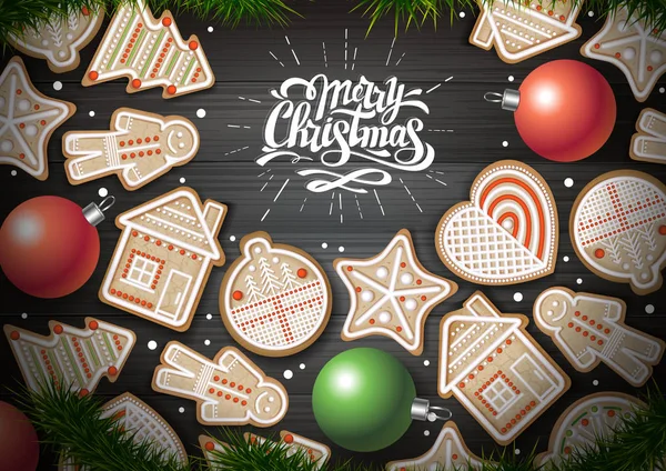 Vista dall'alto di Merry Christmas concept design. Biscotti di festa su sfondo di legno. Cibo di Natale — Vettoriale Stock