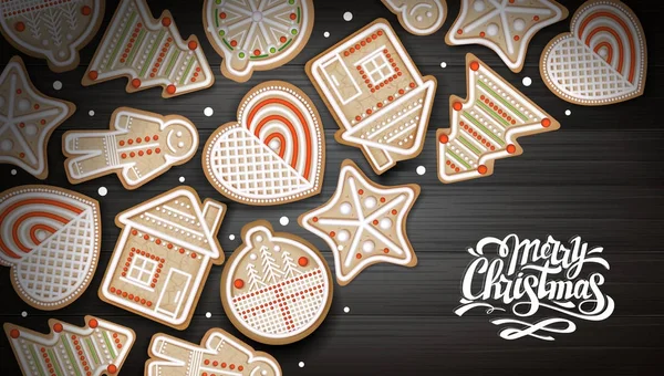 Ovanifrån av god jul konceptdesign. Holiday cookies på trä bakgrund. Julmat — Stock vektor