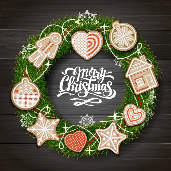 Top view of Merry Christmas concept design. Christmas wreath with cookies on wooden background. Christmas food — Stock Vector