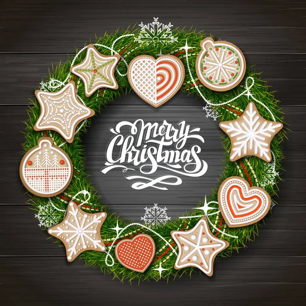 Top view of Merry Christmas concept design. Christmas wreath with cookies on wooden background. Christmas food — Stock Vector