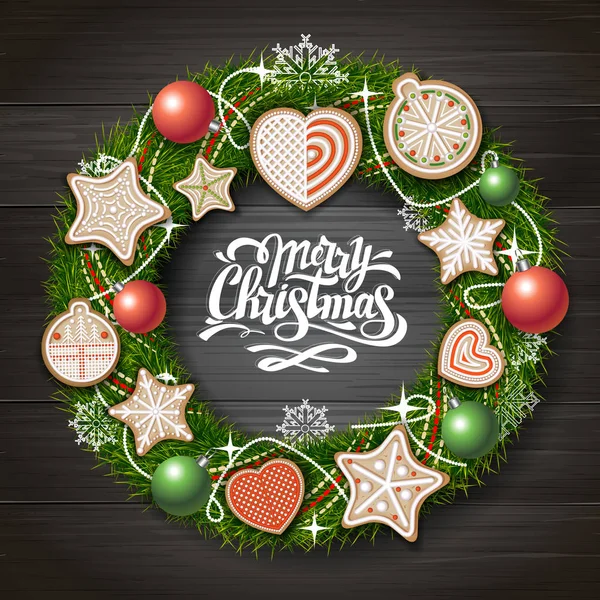 Top view of Merry Christmas concept design. Christmas wreath with cookies on wooden background. Christmas food — Stock Vector