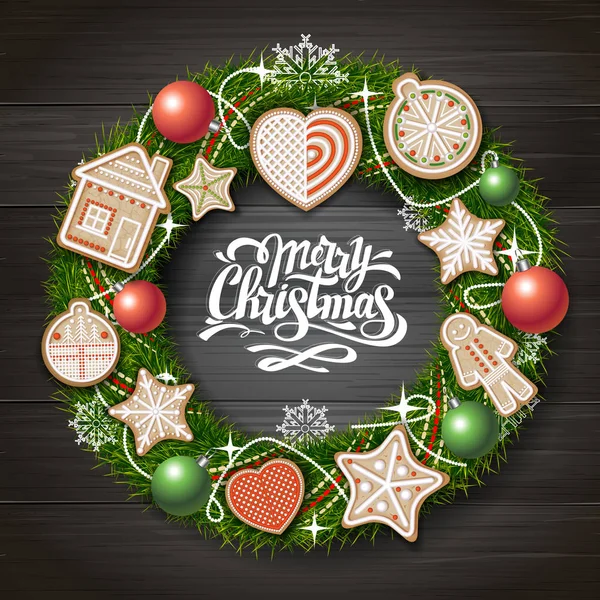 Top view of Merry Christmas concept design. Christmas wreath with cookies on wooden background. Christmas food — Stock Vector