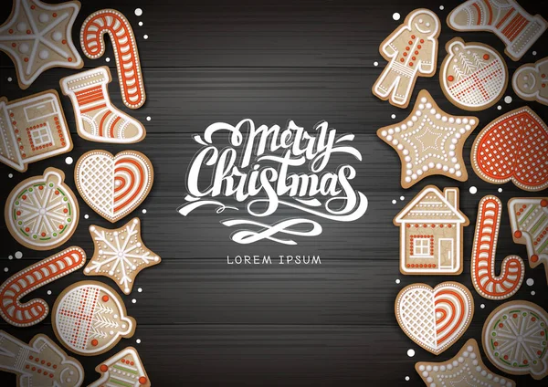 メリー クリスマス コンセプト デザインの平面図です。木製の背景に休日のクッキー。クリスマス料理 — ストックベクタ