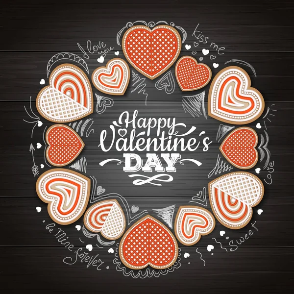 Bovenaanzicht van Valentijn cookies op houten achtergrond. Happy Valentine's Day — Stockvector