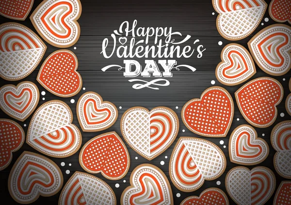 Vista dall'alto dei biscotti di San Valentino su fondo di legno. Buon San Valentino. — Vettoriale Stock