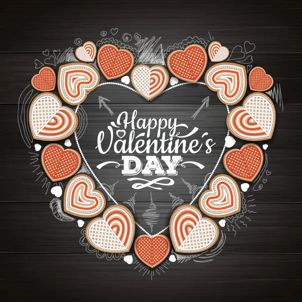 Top view of valentine cookies on wooden background. Happy Valentine`s Day — Stock Vector