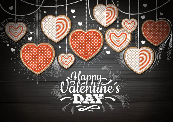 木製の背景上のバレンタイン クッキーの平面図です。幸せなバレンタインデー — ストックベクタ