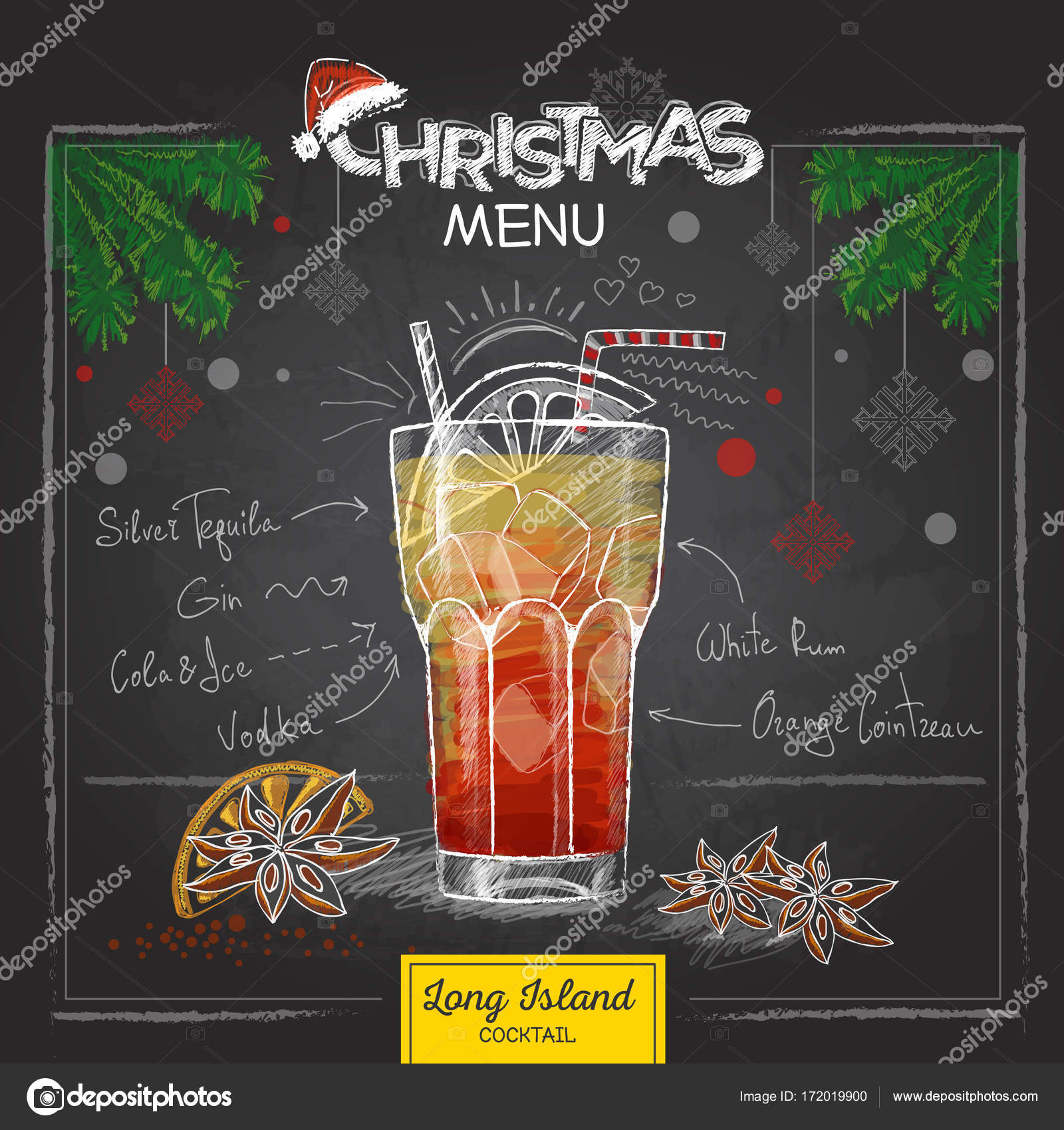 분필 드로잉 크리스마스 메뉴 디자인. 칵테일 롱 아일랜드 아이스 티 스톡 벡터 - ©annbozshko 172019900