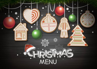 Üstten Görünüm Merry Christmas konsept tasarım. Ahşap arka plan tatil kurabiyeleri