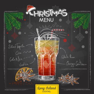 Chalk drawing christmas menu design. Cocktail long island ice tea clipart