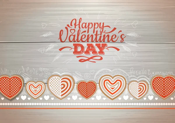 Vista superior de las galletas de San Valentín sobre fondo de madera. Feliz día de San Valentín — Vector de stock