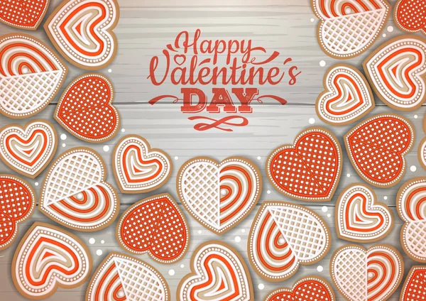 Bovenaanzicht van Valentijn cookies op houten achtergrond. Happy Valentine's Day — Stockvector