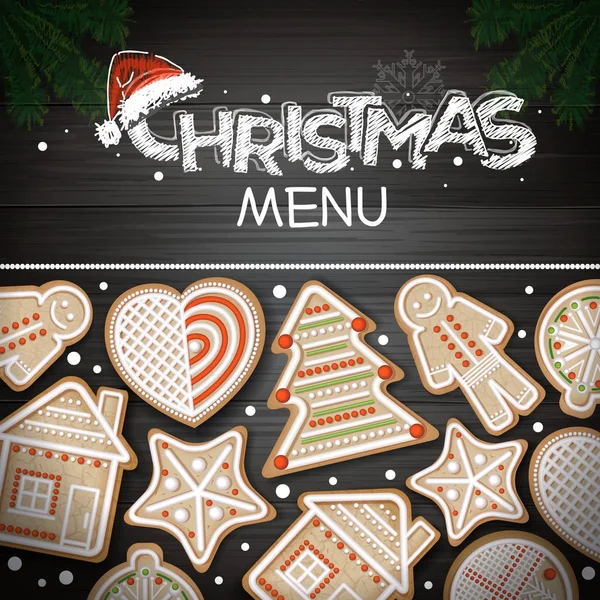 Top view of Merry Christmas concept design. Holiday cookies on wooden background — Stock Vector
