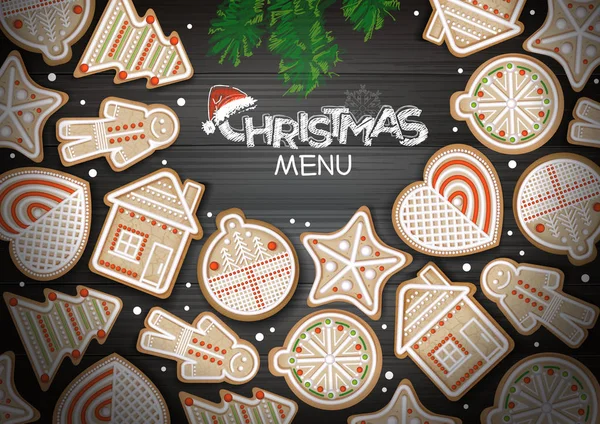 Top view of Merry Christmas concept design. Holiday cookies on wooden background — Stock Vector