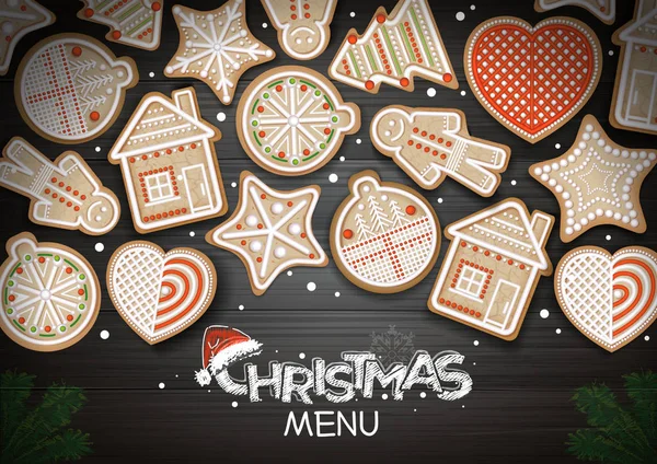 Ovanifrån av god jul konceptdesign. Holiday cookies på trä bakgrund — Stock vektor