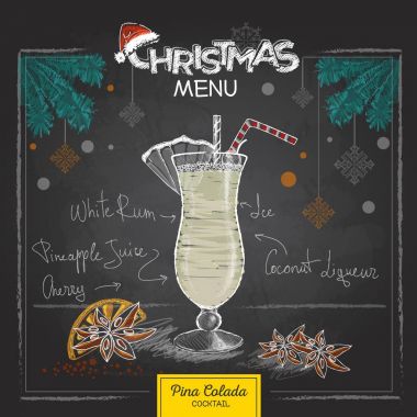 Chalk drawing christmas menu design. Cocktail pina colada clipart