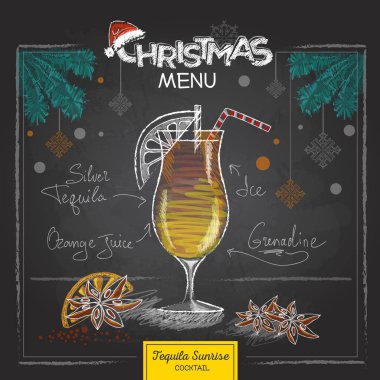 Chalk drawing christmas menu design. Cocktail tequila sunrise clipart