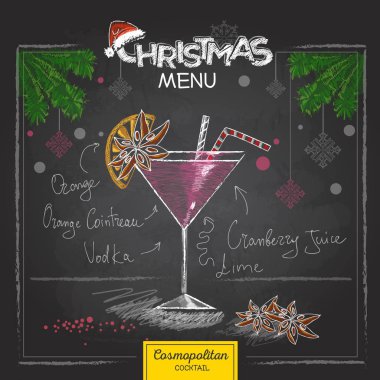 Chalk drawing christmas menu design. Cocktail cosmolitan clipart