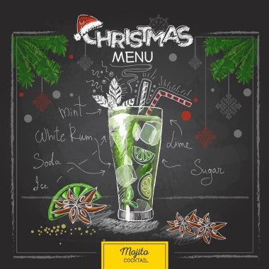 Chalk drawing christmas menu design. Cocktail mojito clipart