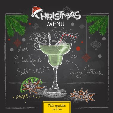 Chalk drawing christmas menu design. Cocktail margarita clipart