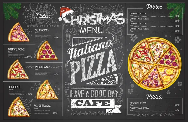 빈티지 분필 드로잉 크리스마스 피자 메뉴 디자인입니다. 레스토랑 나 — 스톡 벡터