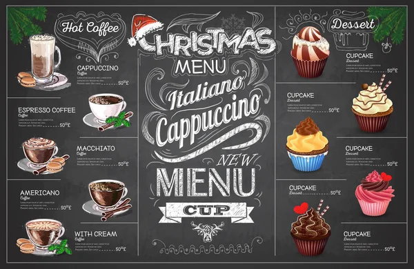 ヴィンテージ チョーク図面クリスマス コーヒー メニューのデザイン。レストラン私 — ストックベクタ