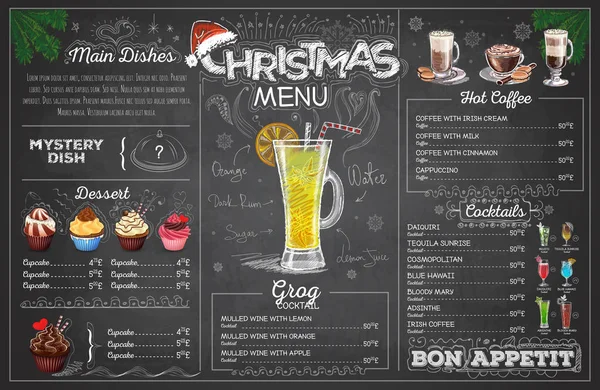 Tiza vintage dibujo diseño de menú de Navidad. Menú restaurante — Archivo Imágenes Vectoriales