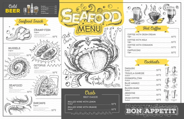 Vintage seafood menu design. Restaurant menu — Stock Vector