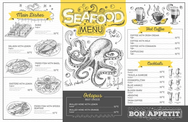 Design de menu de fruits de mer vintage. Menu restaurant — Image vectorielle