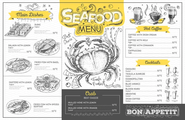 Design de menu de fruits de mer vintage. Menu restaurant — Image vectorielle