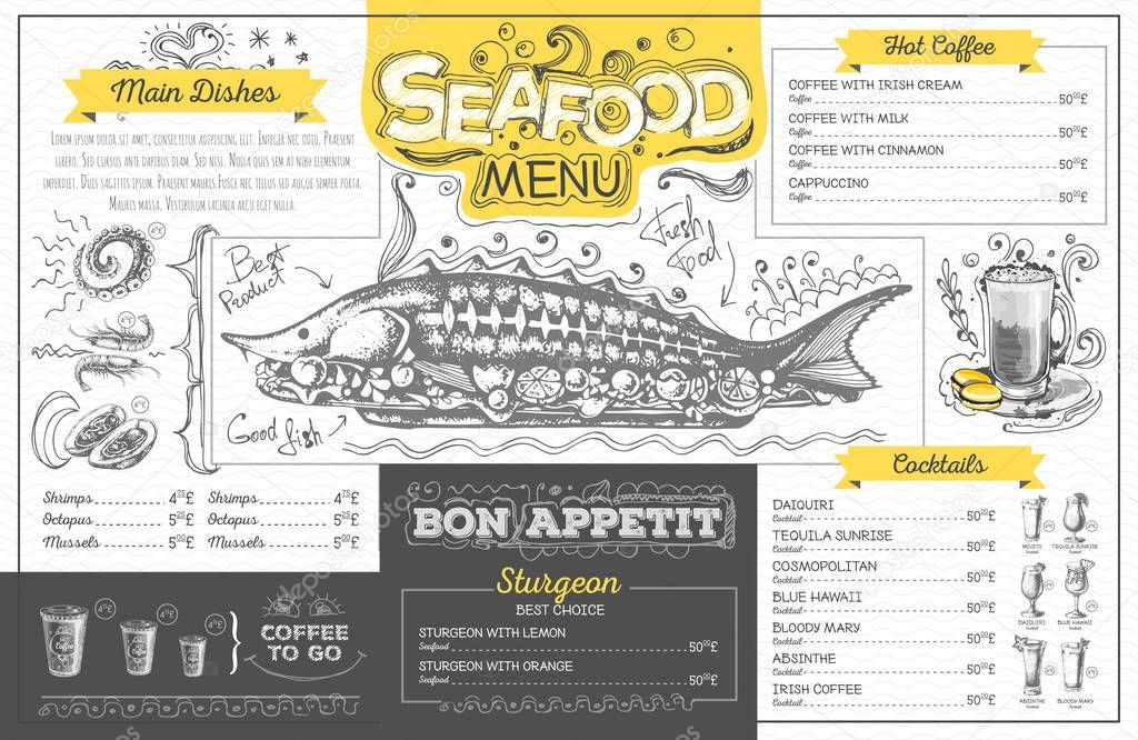 Vintage seafood menu design. Restaurant menu