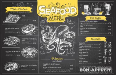 Vintage tebeşir çizim deniz ürünleri menü tasarımı. Restoran Menü