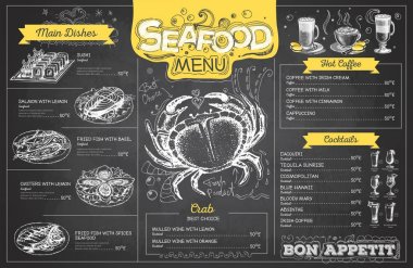 Vintage tebeşir çizim deniz ürünleri menü tasarımı. Restoran Menü