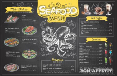 Vintage tebeşir çizim deniz ürünleri menü tasarımı. Restoran Menü