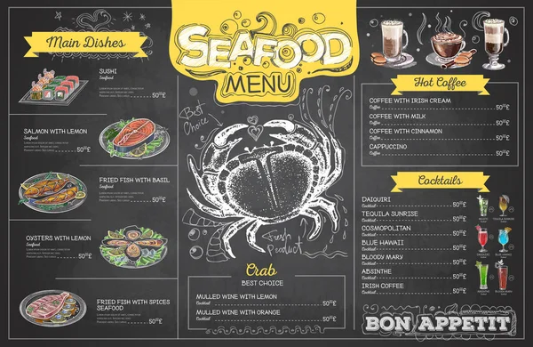 Vintage chalk drawing seafood menu design. Restaurant menu — Stock Vector