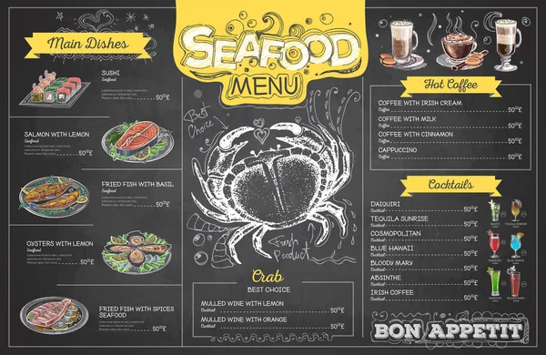 Desenho de giz vintage design de menu de frutos do mar. Menu restaurante — Vetor de Stock