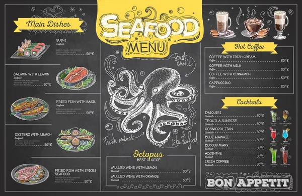 Vintage dessin à la craie conception de menu de fruits de mer. Menu restaurant — Image vectorielle