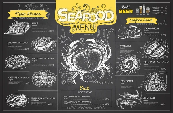 Vintage chalk drawing seafood menu design. Restaurant menu — Stock Vector