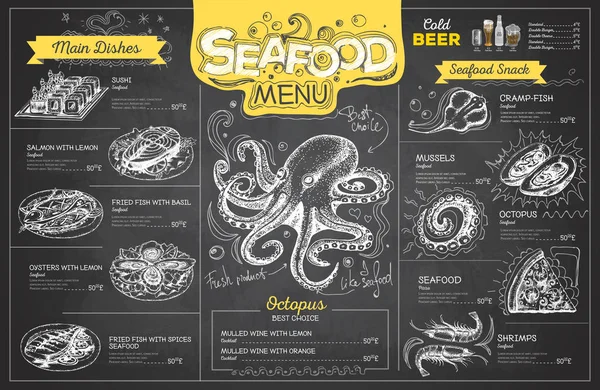 Винтажный мелом рисунок морепродуктов дизайн меню. Меню ресторана — стоковый вектор