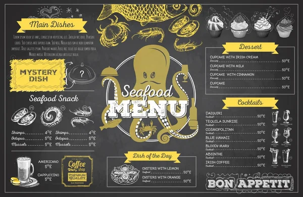 Desenho de giz vintage design de menu de frutos do mar. Menu restaurante — Vetor de Stock