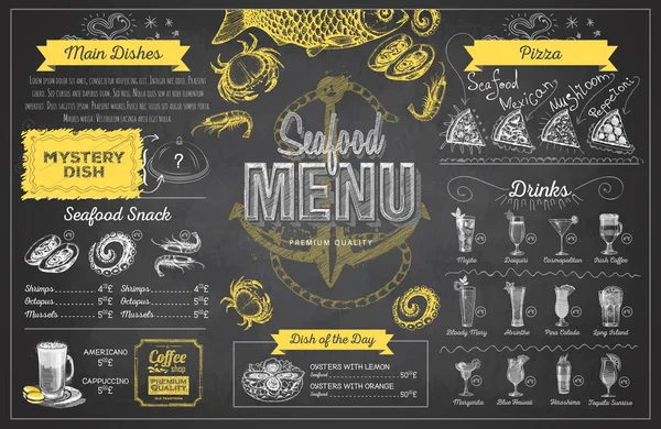 Tiza vintage dibujo diseño de menú de mariscos. Menú restaurante — Vector de stock