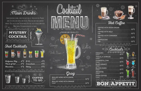 Дизайн коктейльного меню из винтажного мелового рисунка. Меню ресторана — стоковый вектор