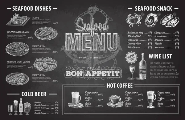 Vintage chalk drawing seafood menu design. Restaurant menu