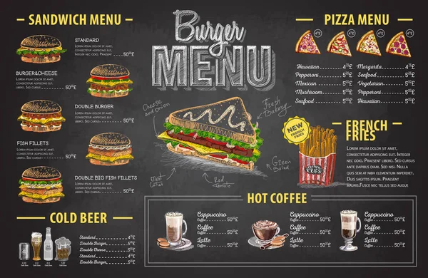 Vintage křídou nakreslený burger menu design. Nabídka rychlého občerstvení — Stockový vektor