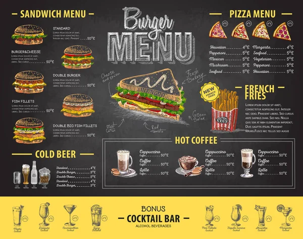 Gesso Vintage disegno hamburger menu di design. Menù fast food — Vettoriale Stock