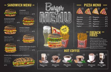 Vintage tebeşir çizim hamburger menü tasarımı. Fast food menü