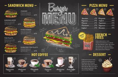 Vintage tebeşir çizim hamburger menü tasarımı. Fast food menü