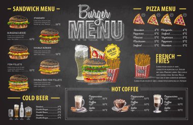 Vintage tebeşir çizim hamburger menü tasarımı. Fast food menü