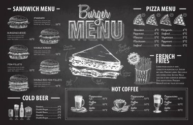 Vintage tebeşir çizim hamburger menü tasarımı. Fast food menü